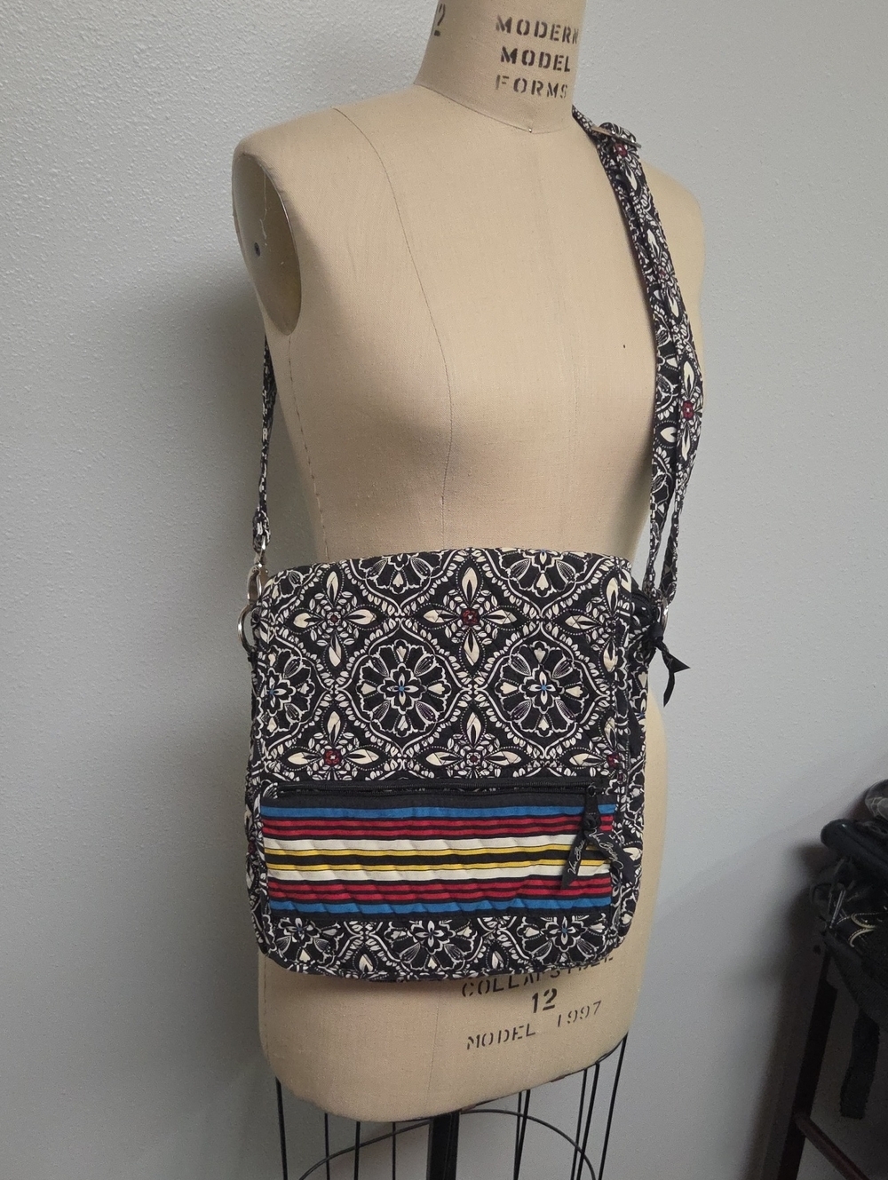 Vera Bradley Black and White Floral Crossbody with Multicolor Striped Pocket